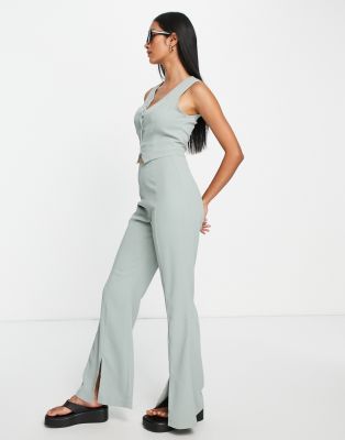 Urban Threads Urban Threads split front wide leg trousers co-ord in sage green
