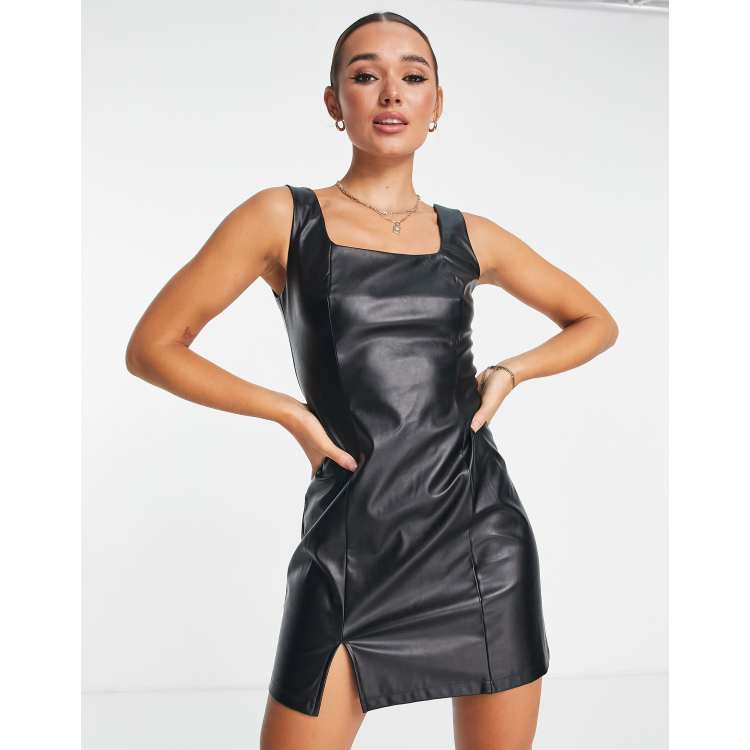 Urban Threads square neck faux leather mini dress in black | ASOS