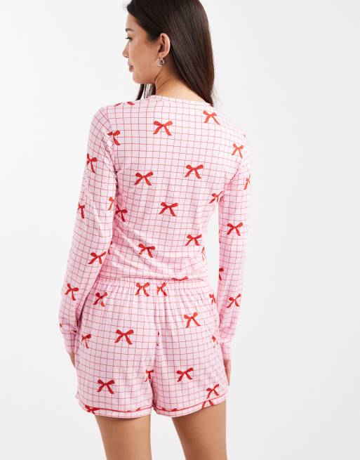 Urban Threads - Sæt med langærmet cardigan-top og shorts med røde sløjfer og gingham-tern i jersey, 4 af 4