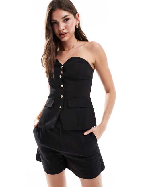 Urban Threads - Struktureret korset-top med guldfarvede knapper i sort
