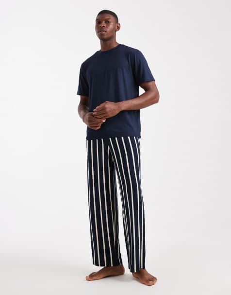 Urban Threads T-shirt and pants pajama set in navy stripe - view 1