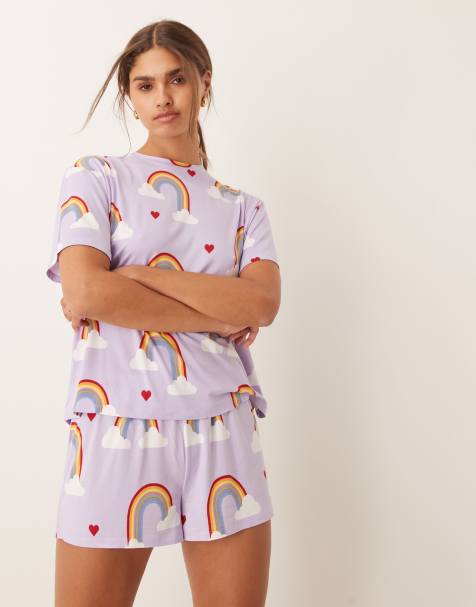 Urban Threads t-shirt and trouser pyjama set in heart rainbow print  - view 1
