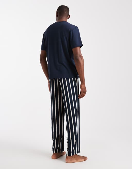 Urban Threads t-shirt and trouser pyjama set in navy stripe, 3 of 4