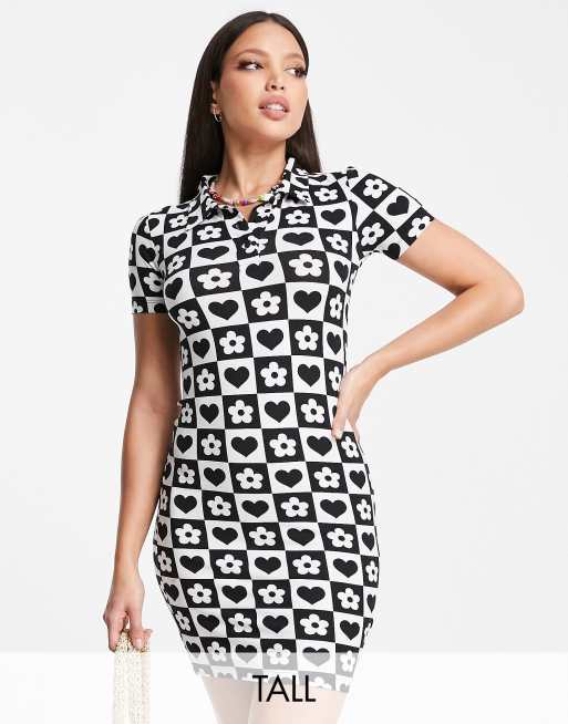 Urban Threads Tall bodycon polo dress in checkerboard heart print