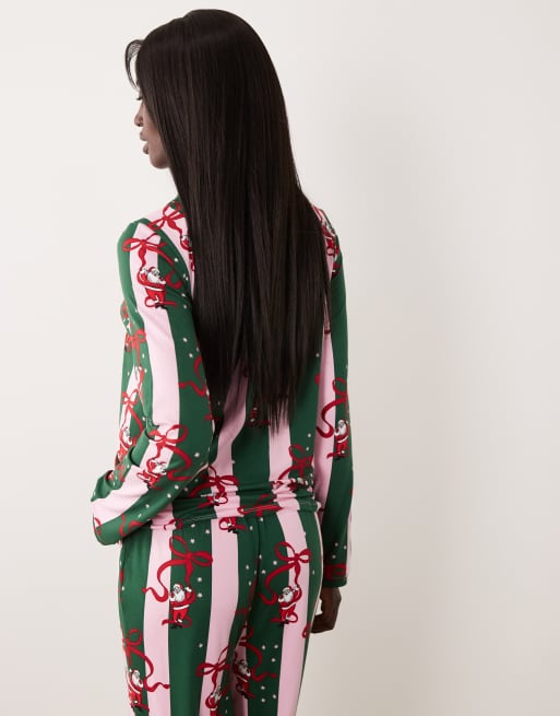 Urban Threads Tall Christmas long sleeve tie front shirt and pant pyjama set in green stripe santa print, 4 of 4