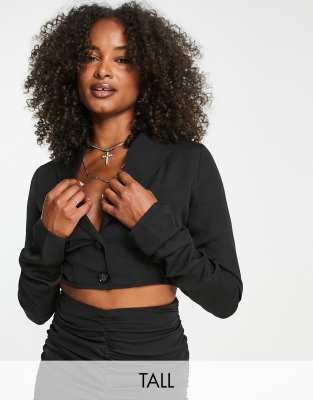Urban Threads Tall cropped blazer with ruched sleeves in black - part of a set