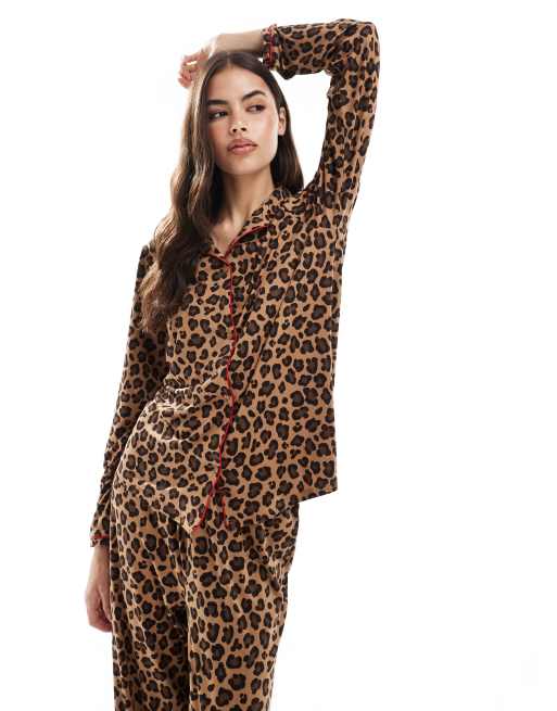 Urban Threads Tall - Ensemble de pyjama à imprimé léopard avec pantalon et chemise à manches longues et col à revers, 3 de 4