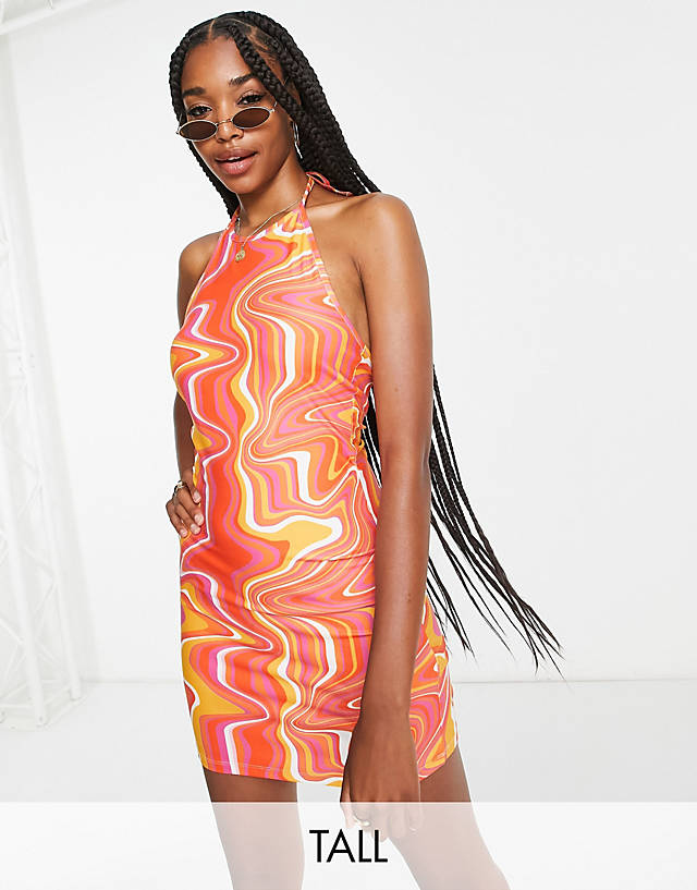 Urban Threads Tall - halter neck mini dress in multi swirl print