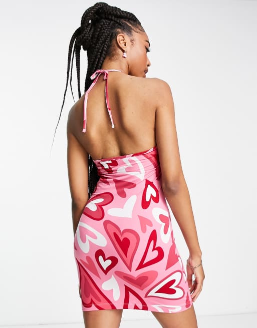 Urban Threads Tall halter neck mini dress in pink heart print | ASOS