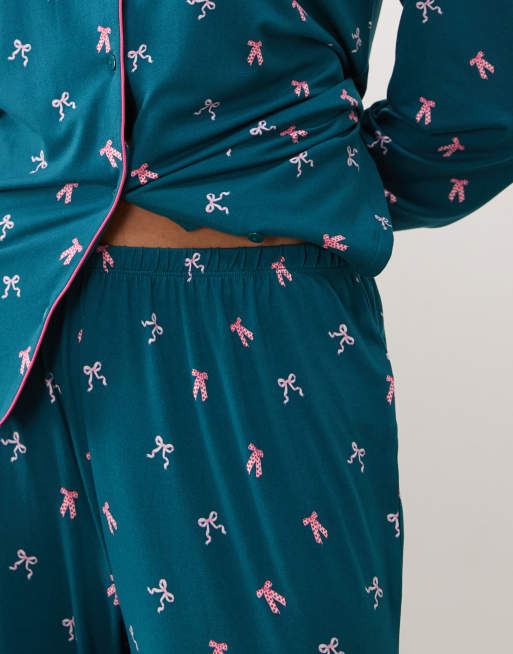 Urban Threads Tall long sleeve button up shirt and trousers pyjama set in teal bow print, 4 of 4