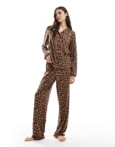 ASOS DESIGN scallop edge woven shirt and trouser pyjama set in leopard print