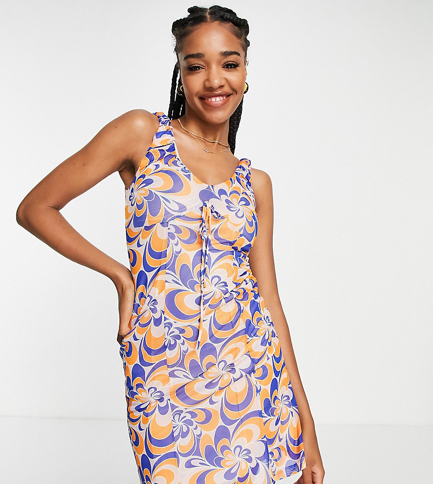 mesh mini dress in swirl print-Multi
