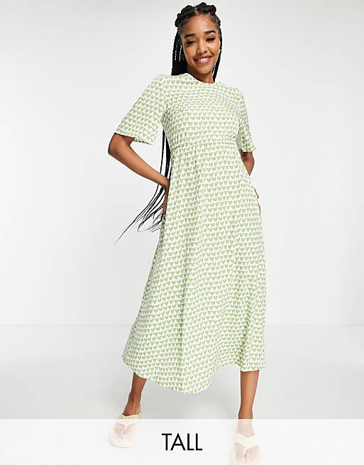 Urban Threads Tall - Midi-jurk met saliegroene hartjesprint