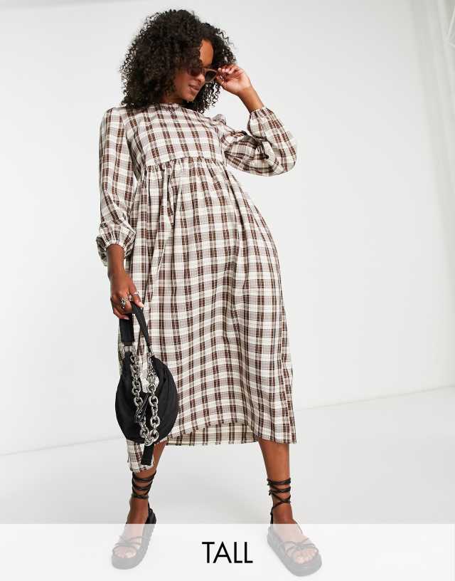 Urban Threads Tall midi smock dress in brown check