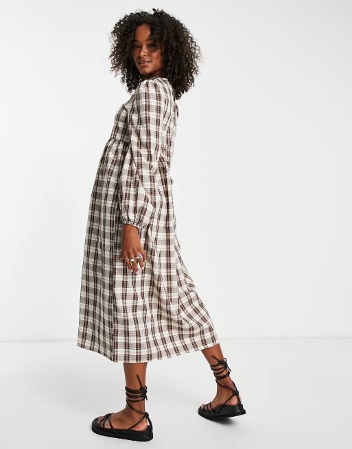 Urban Threads Tall midi smock dress in brown check, 4 of 4