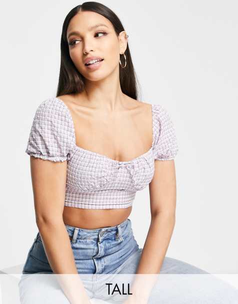 Urban Threads Tall puff sleeve crop top co-ord in lilac gingham - view 1