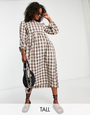 Urban Threads Tall midi smock dress in brown check - ASOS Price Checker