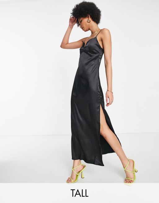 Urban Threads Tall satin cami slip dress in black | ASOS