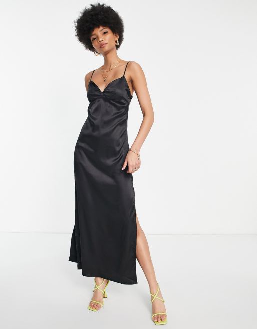 Urban Threads Tall satin cami slip dress in black, 4 of 4