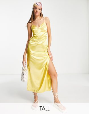 Urban Threads Tall Urban Threads Tall satin cami strap midi slip dress in lemon-Yellow