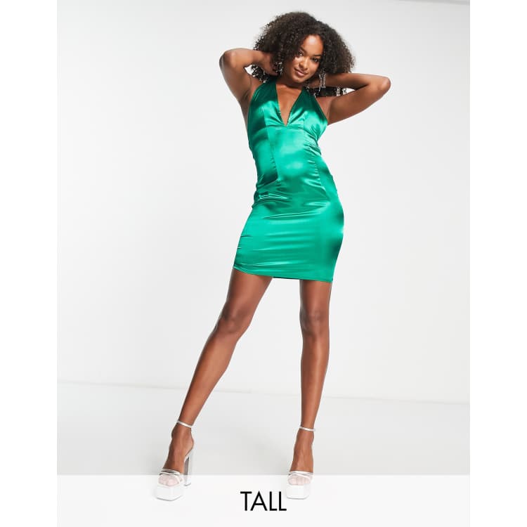 Green satin shop halter dress