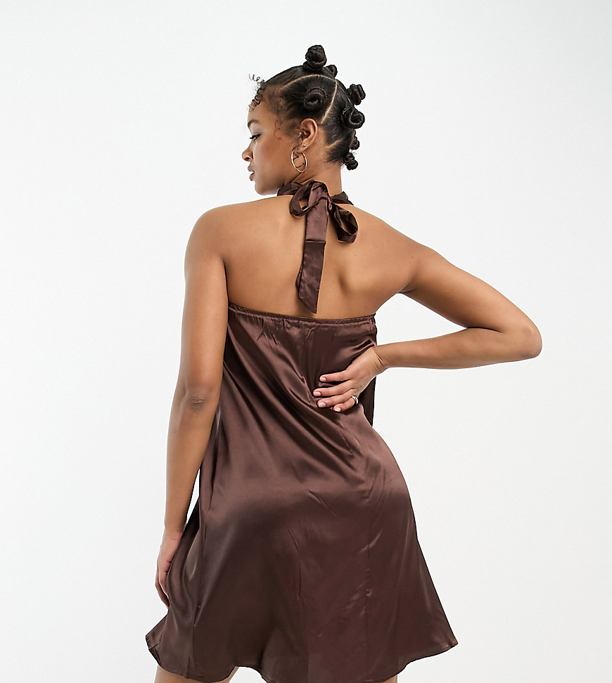 Urban Threads Tall satin high neck mini dress in chocolate brown