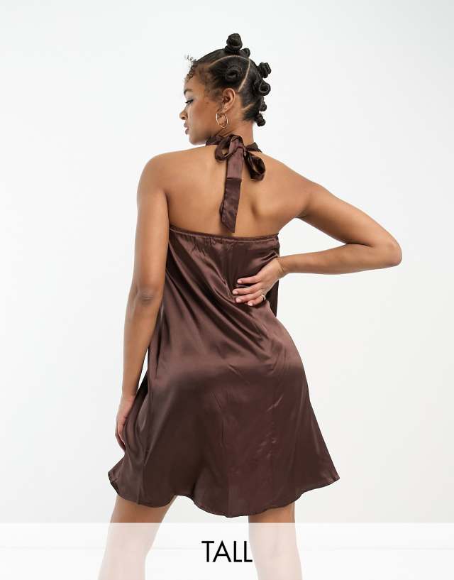 Urban Threads Tall satin high neck mini dress in chocolate brown