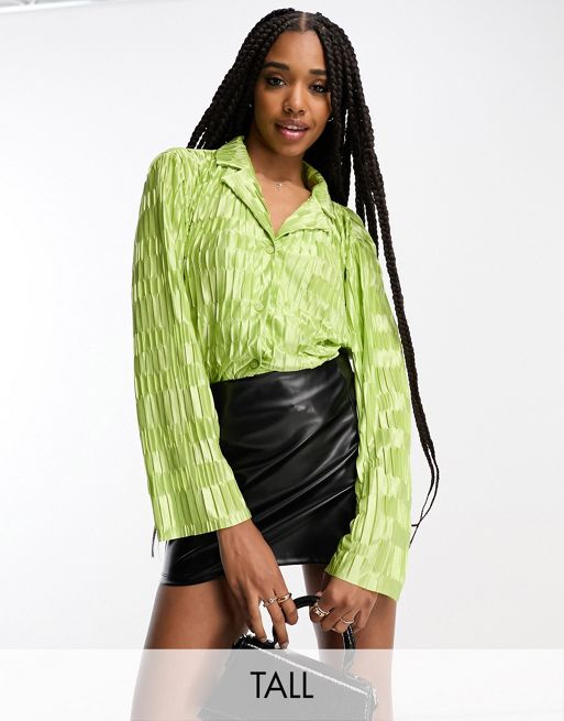 Urban Threads Tall satin plisse oversized shirt co-ord in lime