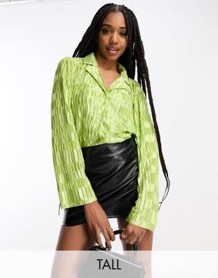 Urban Threads Tall Satin Plisse Oversized Shirt In Lime - Part Of A Set-yellow
