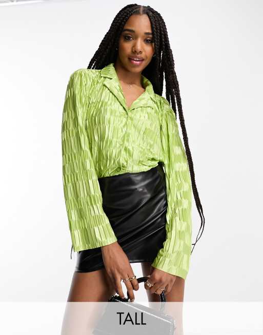 Urban Threads Tall satin plisse oversized shirt in lime (part of a set)