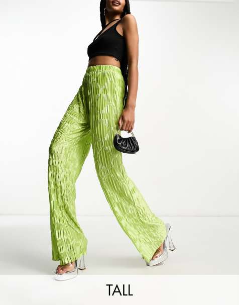 Urban Threads Tall satin plisse wide leg pants in lime - part of a set - view 1