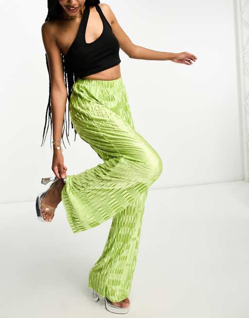 Urban Threads Tall satin plisse wide leg pants in lime - part of a set