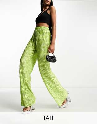 Urban Threads Tall satin plisse wide leg trousers co-ord in lime-Yellow φωτογραφία