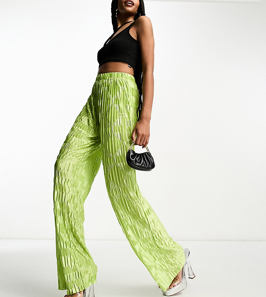 Urban Threads Tall satin plisse wide leg trousers co-ord in lime-Yellow
