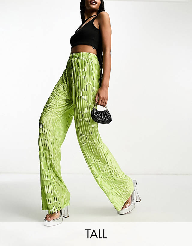 Urban Threads Tall - satin plisse wide leg trousers co-ord in lime