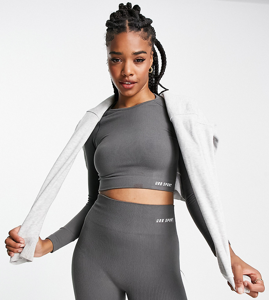 Urban Threads Tall seamless long sleeve sports crop top in charcoal-Gray