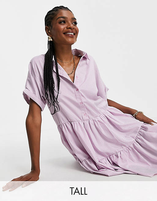 Urban Threads Tall tiered shirt dress in lilac stripe