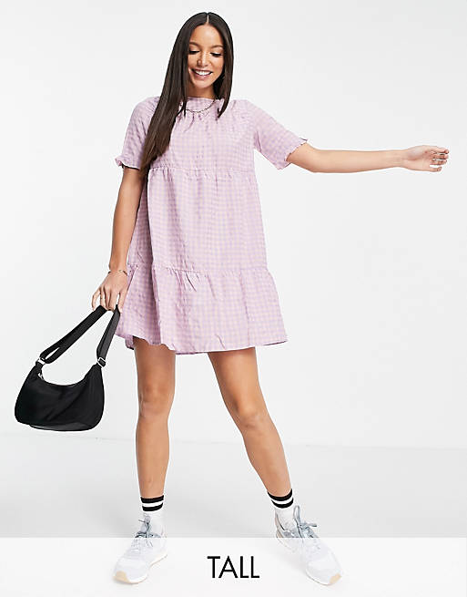 Urban Threads Tall tiered smock dress in lilac gingham