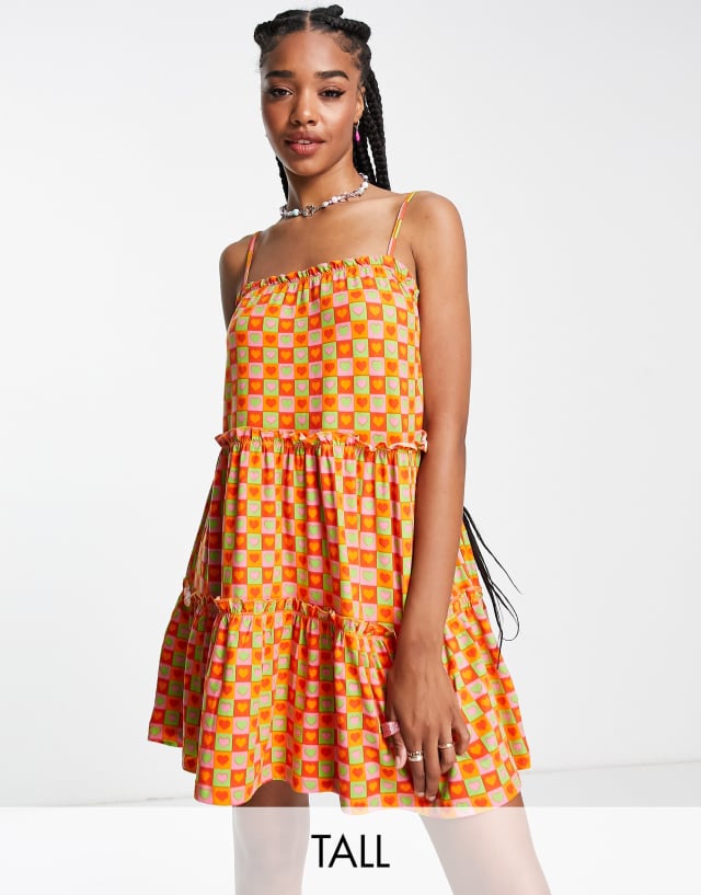 Urban Threads Tall tiered swing dress in multi heart print