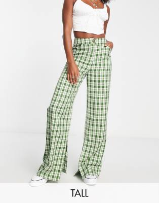 Urban Threads Petite Urban Threads Tall wide leg trousers co-ord in green check