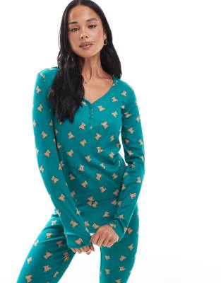 Urban Threads Teddy Print Rib Henley Pajama Top In Green
