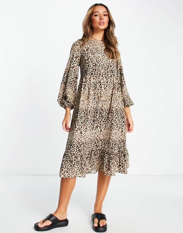 Urban Threads tiered midi smock dress in leopard print