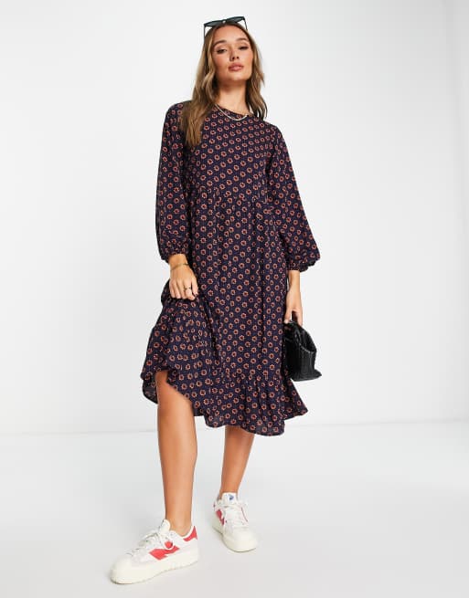 Urban Threads tiered midi smock dress in navy floral | ASOS