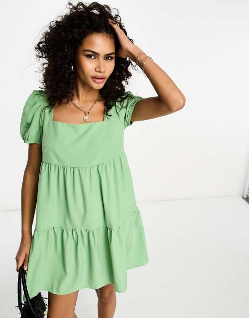 Urban Threads tiered mini smock dress in green | ASOS