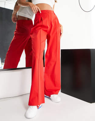 Wide-leg Twill Pants - Red - Ladies