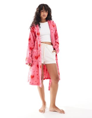 Urban Threads Urban Threads Valentines fleece dressing gown in pink and red hearts - PINK