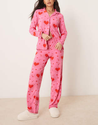 Valentines long sleeve camp collar shirt and pants pajama set in sparkle heart print-Multi