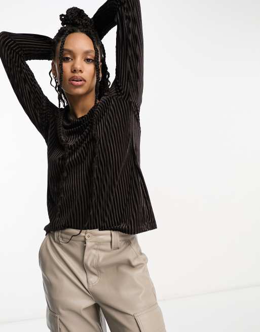 Urban Threads velvet plisse top in chocolate brown - part of a set