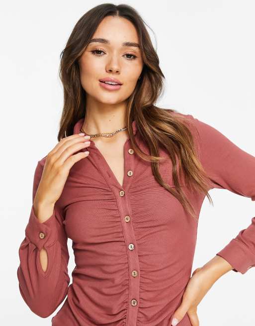 Urban Threads - Vestito camicia color ruggine in jersey arricciato, 4 di 4