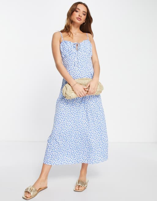 Urban Threads - Vestito midi con spalline sottili blu con stampa astratta